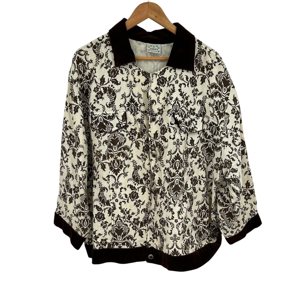 Donna Vintage Jacket Brown Floral Damask Velvet Trim Button Up 2X Large‎